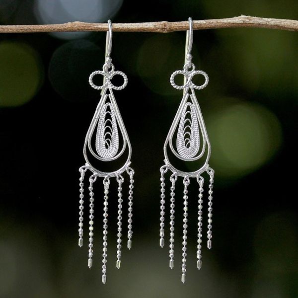Alternate image for Sterling Silver Thai Filigree Chandelier Teardrop Earrings Fringed Droplets