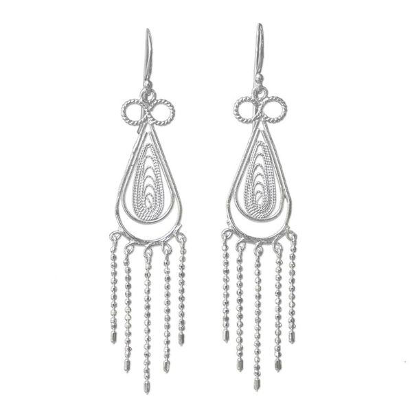 Alternate image for Sterling Silver Thai Filigree Chandelier Teardrop Earrings Fringed Droplets
