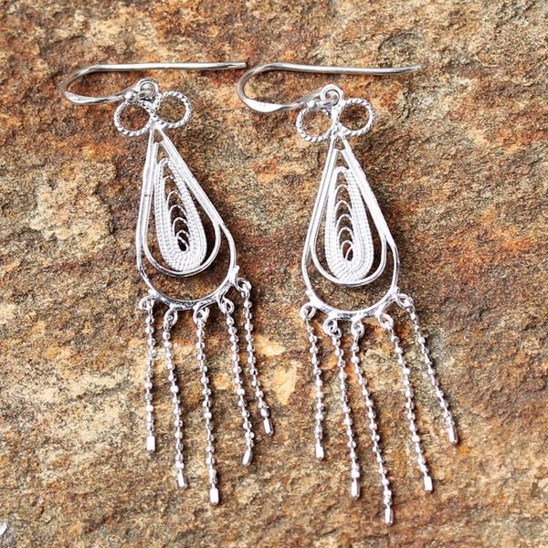Alternate image for Sterling Silver Thai Filigree Chandelier Teardrop Earrings Fringed Droplets