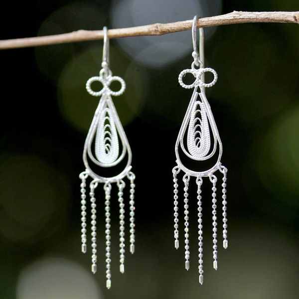 Alternate image for Sterling Silver Thai Filigree Chandelier Teardrop Earrings Fringed Droplets