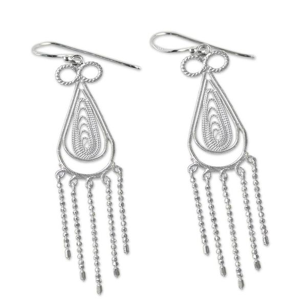 Alternate image for Sterling Silver Thai Filigree Chandelier Teardrop Earrings Fringed Droplets