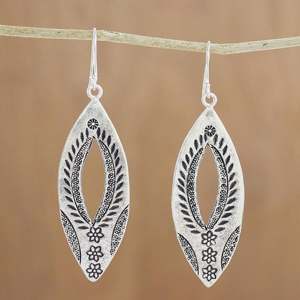Karen Silver Dangle Earrings with Floral Stamps 'Karen Portals'