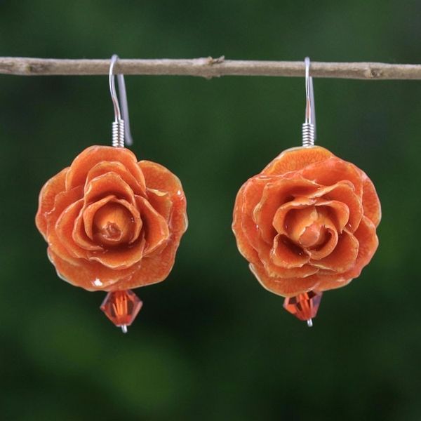Alternate image for Natural Rose Dangle Earrings in Orange from Thailand Floral Temptation in Orange
