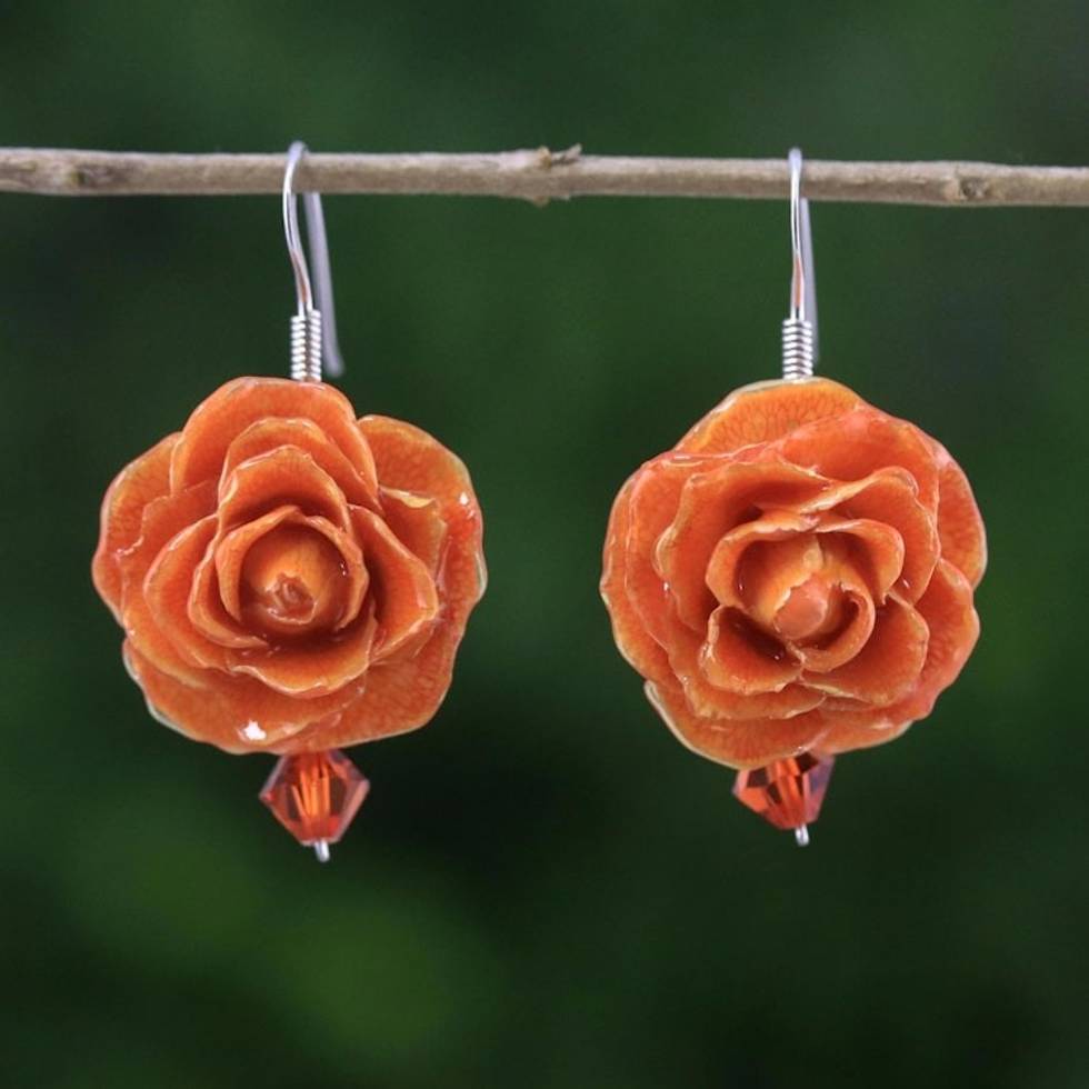 Natural Rose Dangle Earrings in Orange from Thailand 'Floral Temptation in Orange'