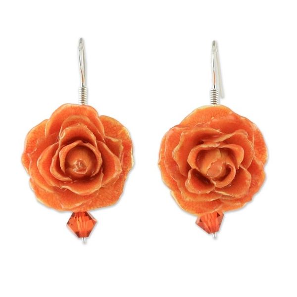Alternate image for Natural Rose Dangle Earrings in Orange from Thailand Floral Temptation in Orange