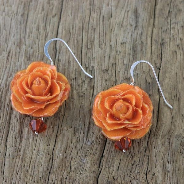 Alternate image for Natural Rose Dangle Earrings in Orange from Thailand Floral Temptation in Orange
