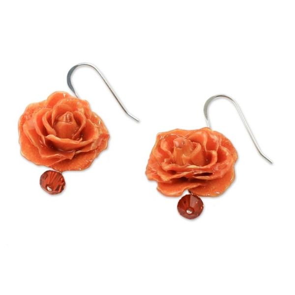 Alternate image for Natural Rose Dangle Earrings in Orange from Thailand Floral Temptation in Orange