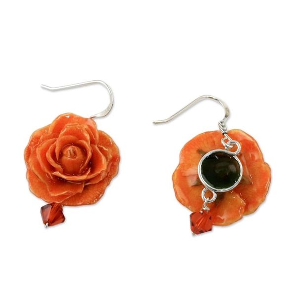 Alternate image for Natural Rose Dangle Earrings in Orange from Thailand Floral Temptation in Orange