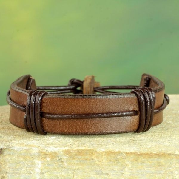Alternate image for Mens Brown Leather Wristband Bracelet from Ghana Enduring Strength in Brown