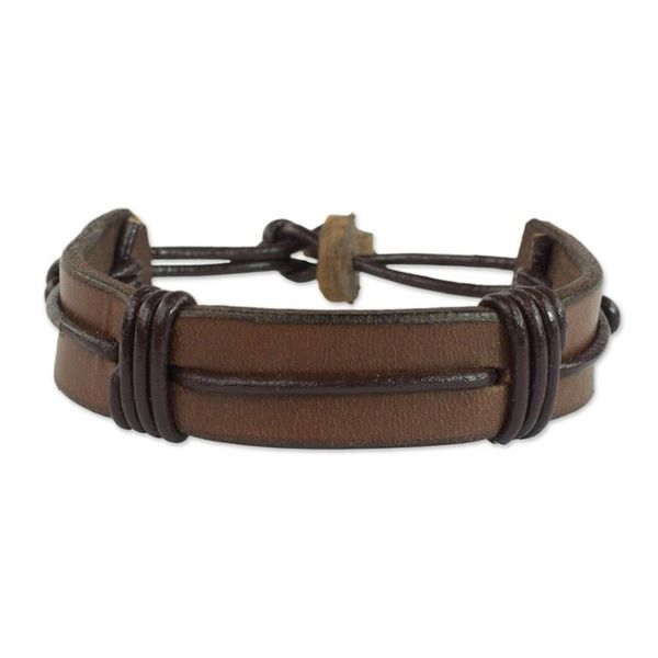 Alternate image for Mens Brown Leather Wristband Bracelet from Ghana Enduring Strength in Brown