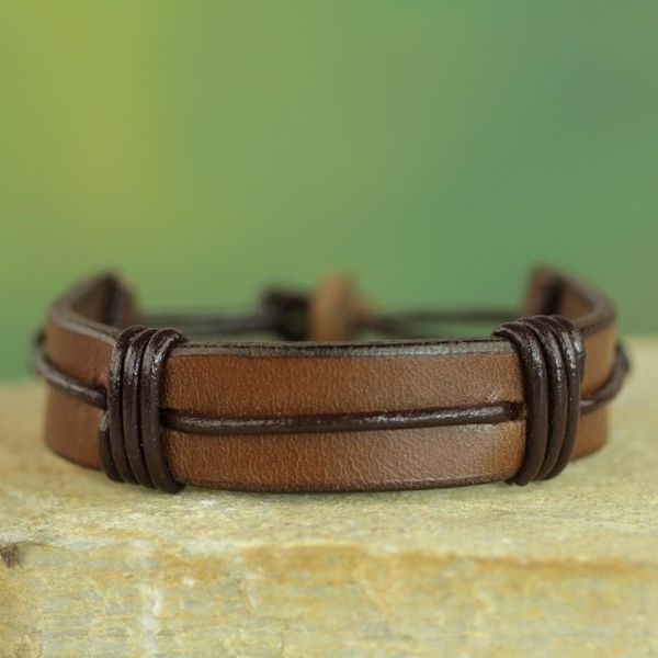 Alternate image for Mens Brown Leather Wristband Bracelet from Ghana Enduring Strength in Brown