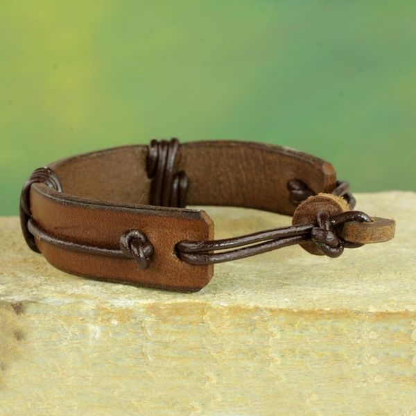 Alternate image for Mens Brown Leather Wristband Bracelet from Ghana Enduring Strength in Brown
