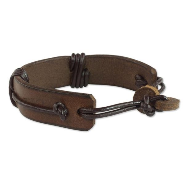 Alternate image for Mens Brown Leather Wristband Bracelet from Ghana Enduring Strength in Brown