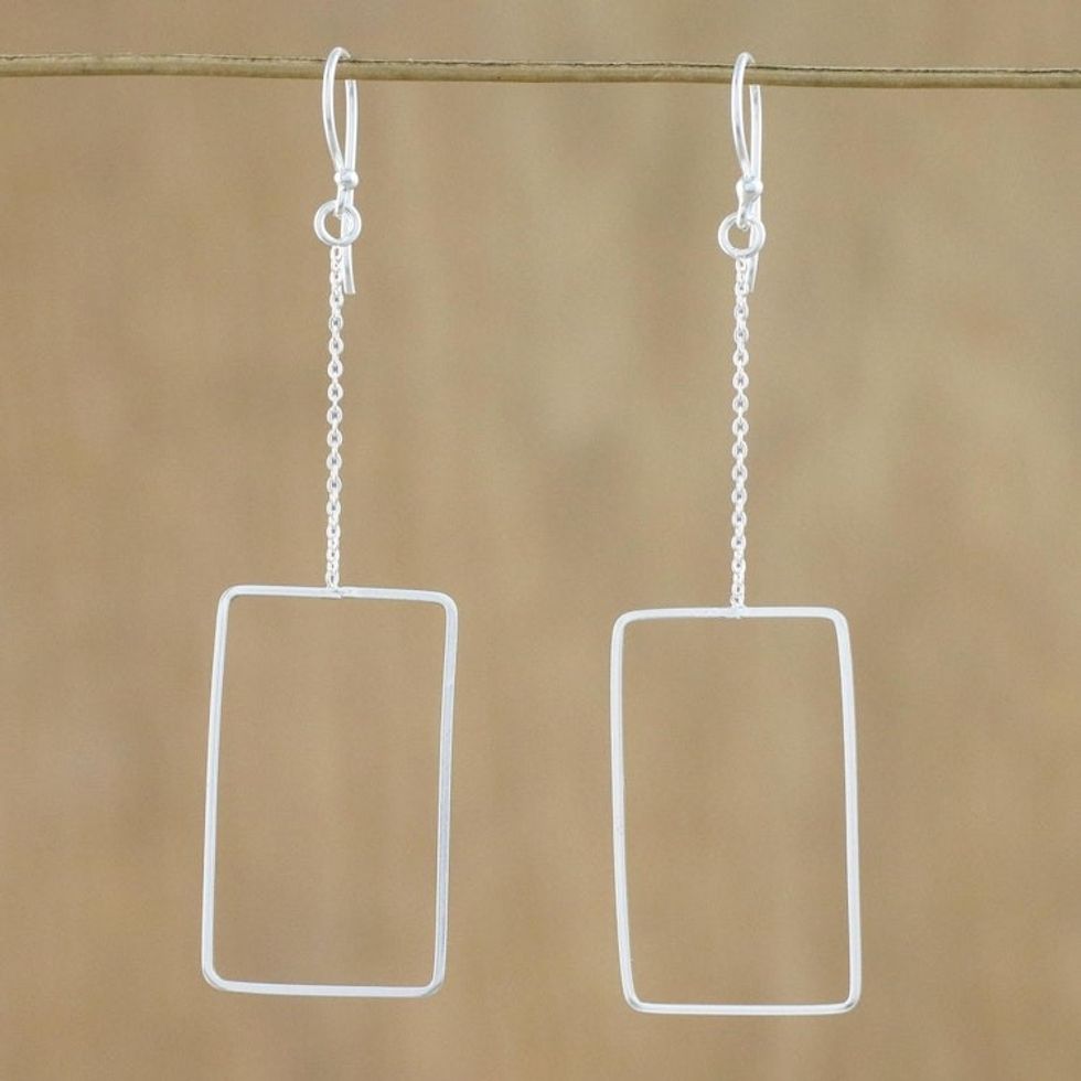 Sterling Silver Rectangular Dangle Earrings from Thailand 'Breezy Rectangle'