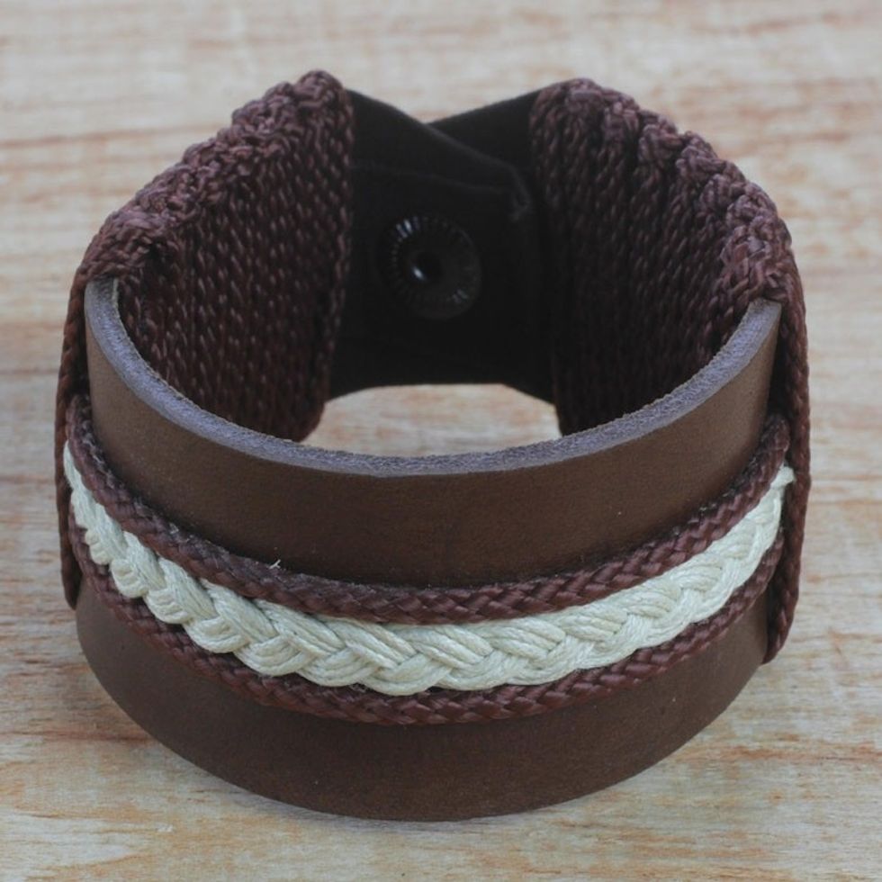 Men's Brown Leather with Braided Cord Wristband Bracelet 'Fraternal Love'
