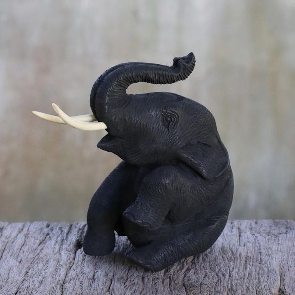 Alternate image for Artisan Hand Carved Thai Elephant Statuette in Teak Wood Joyous Elephant