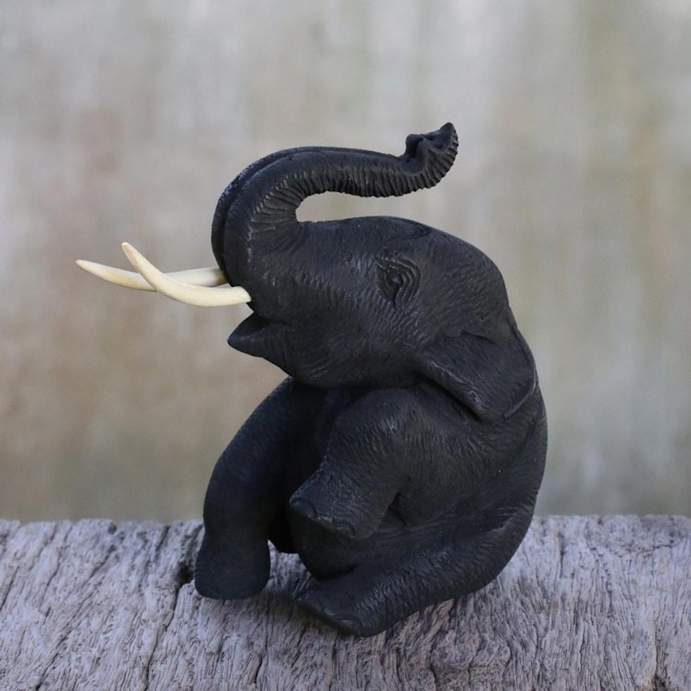 Artisan Hand Carved Thai Elephant Statuette in Teak Wood 'Joyous Elephant'