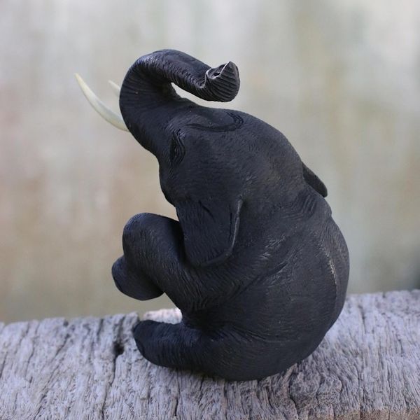 Alternate image for Artisan Hand Carved Thai Elephant Statuette in Teak Wood Joyous Elephant