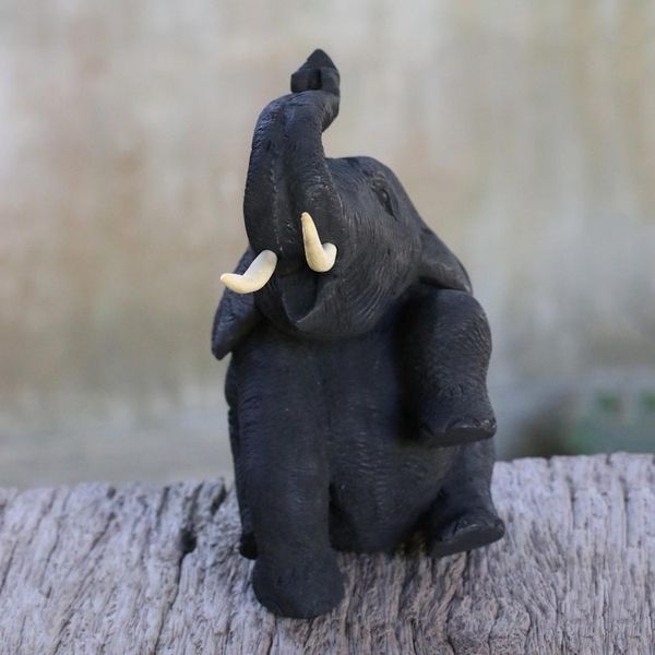 Alternate image for Artisan Hand Carved Thai Elephant Statuette in Teak Wood Joyous Elephant