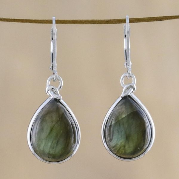 Alternate image for Classic Teardrop Shaped Labradorite Dangle Earrings Aura of Energy