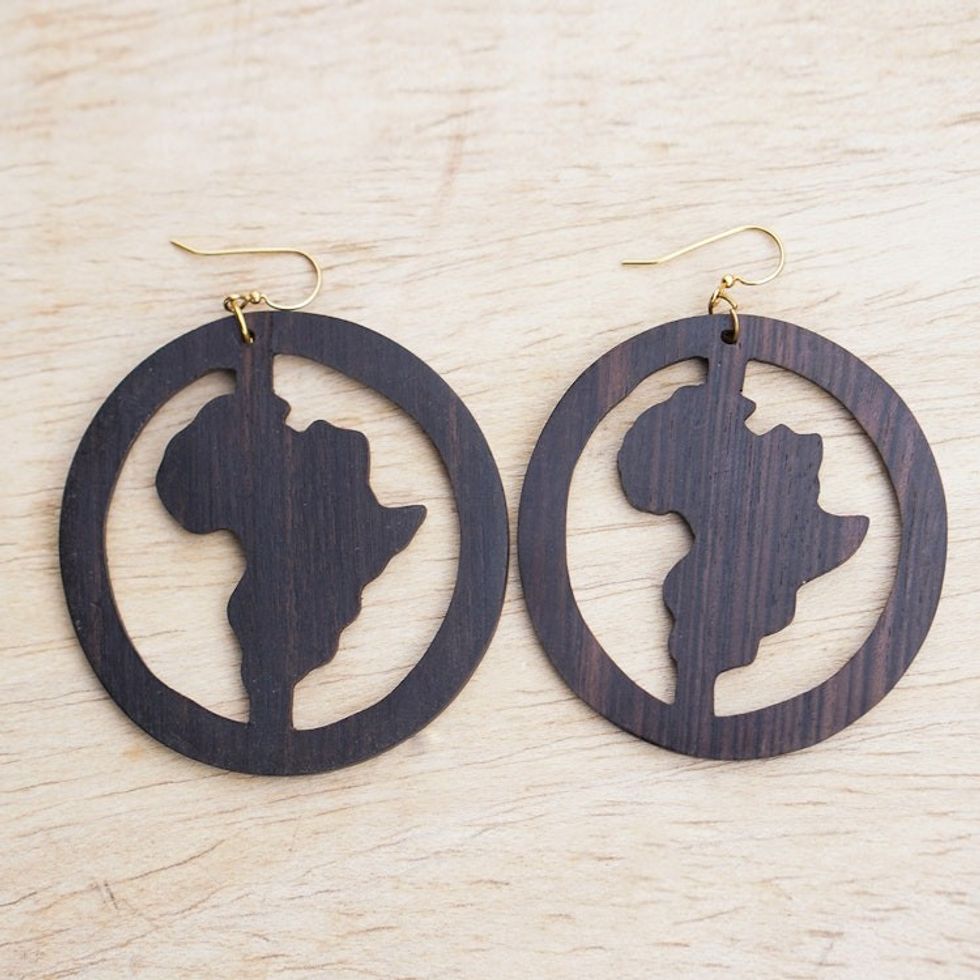 Africa-Themed Ebony Wood Dangle Earrings from Ghana 'African Circle'