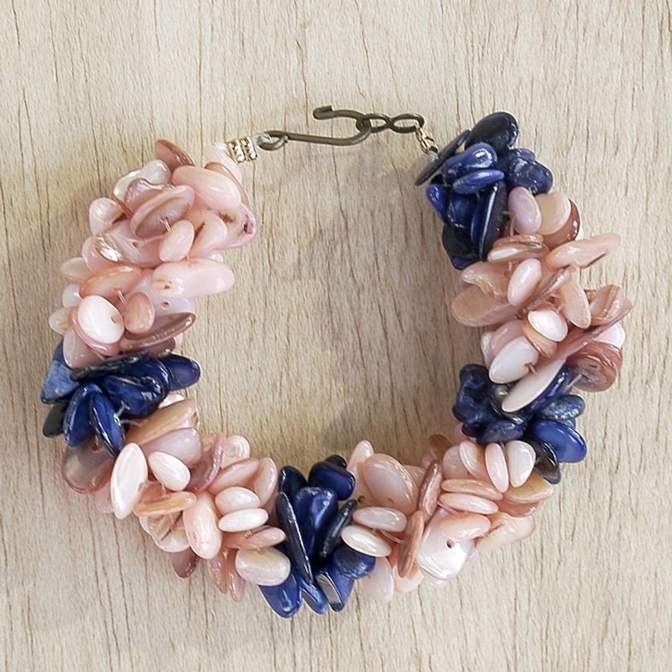 Peach and Blue Agate Chip Beaded Bracelet with Hook Clasp 'Agate Splendor'