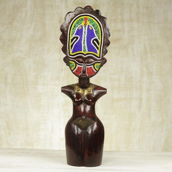 Alternate image for Good Life Akan Doll Beaded Wood Sculpture Collectible Art Good Life Obrapa