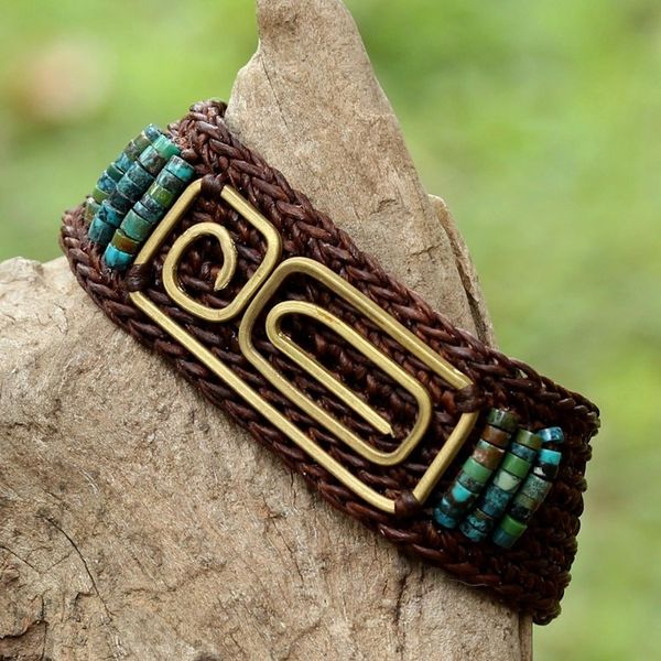 Alternate image for Brown Brass and Reconstituted Turquoise Wristband Bracelet Siam Fortress
