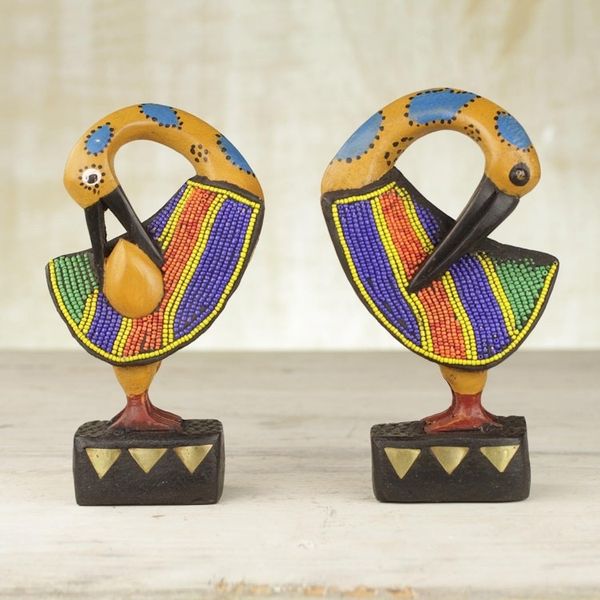Alternate image for Two Wood and Recycled Glass Adinkra Sankofa Bird Sculptures Colorful Sankofa
