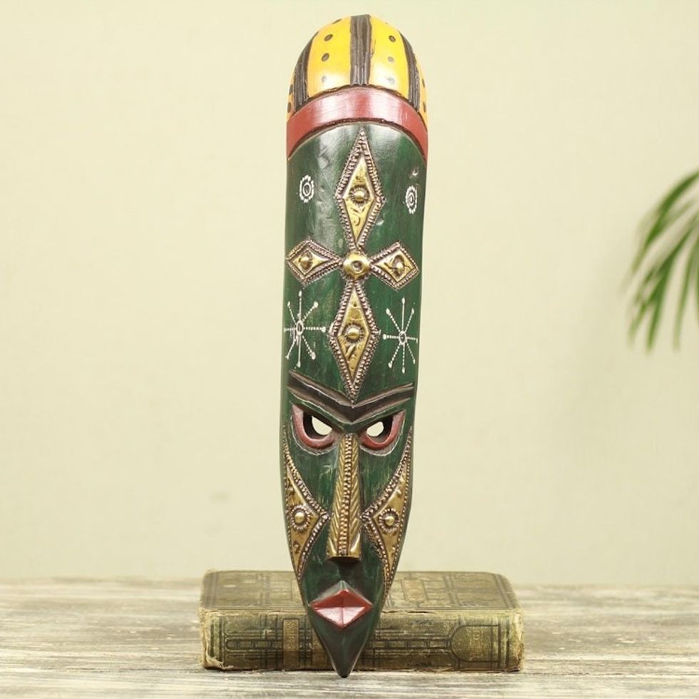 African Wood Wall Mask with Star in Embossed Brass 'Stargazer'