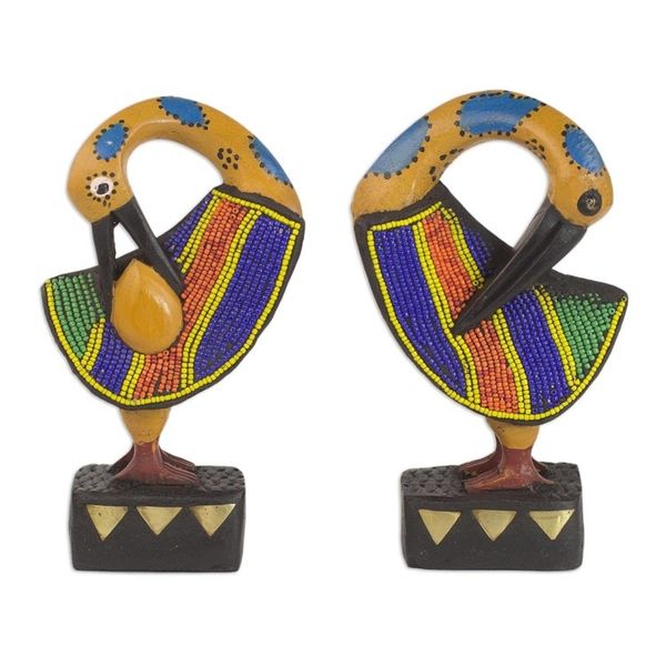 Alternate image for Two Wood and Recycled Glass Adinkra Sankofa Bird Sculptures Colorful Sankofa