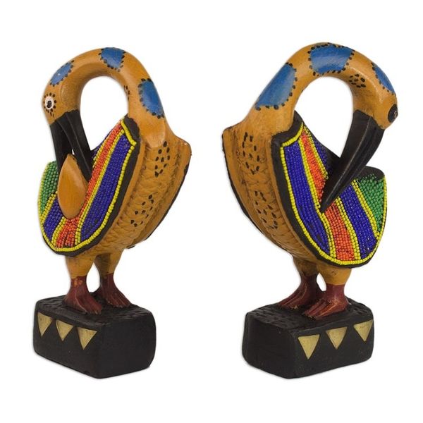 Alternate image for Two Wood and Recycled Glass Adinkra Sankofa Bird Sculptures Colorful Sankofa