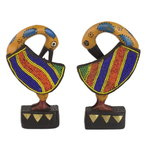 Alternate image for Two Wood and Recycled Glass Adinkra Sankofa Bird Sculptures Colorful Sankofa