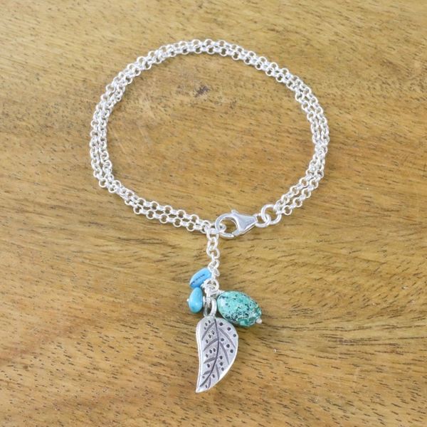 Alternate image for Silver and Recon Turquoise Leaf Bracelet from Thailand Lively Leaf