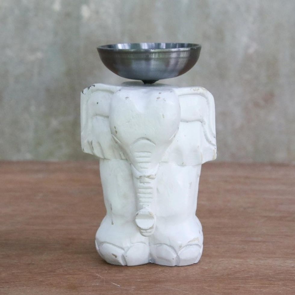 Whitewashed Wood Elephant Tealight Candle Holder 'Elegant Elephant'