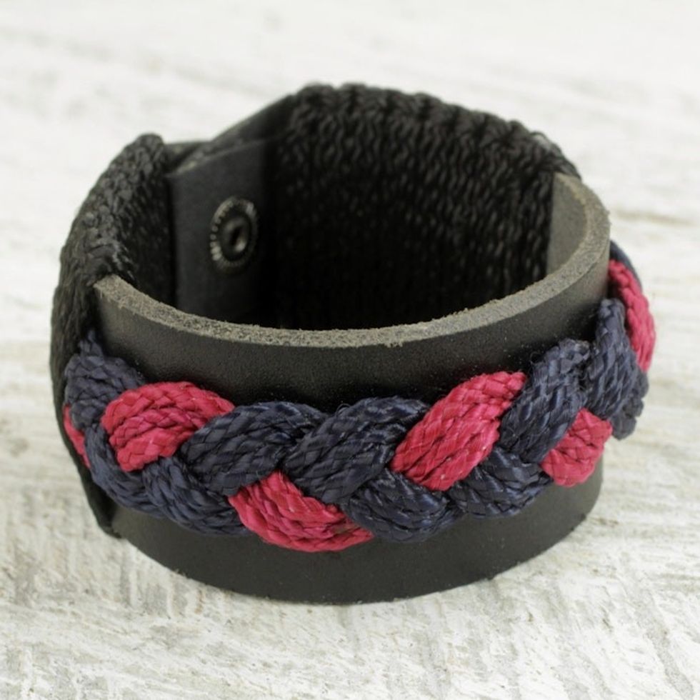 Ghanaian Leather Braided Wristband Bracelet in Black and Red 'Hajjaju Braid'