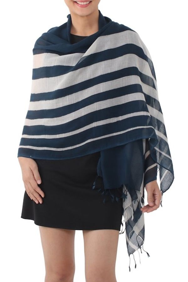 Alternate image for Handwoven Striped Cotton Shawl in Navy from Thailand Cool Stripes in Navy
