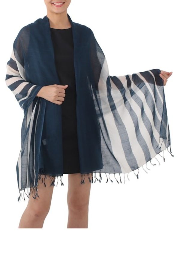 Alternate image for Handwoven Striped Cotton Shawl in Navy from Thailand Cool Stripes in Navy