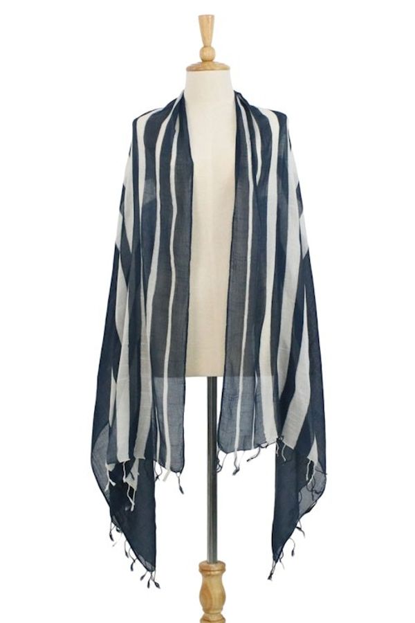 Alternate image for Handwoven Striped Cotton Shawl in Navy from Thailand Cool Stripes in Navy