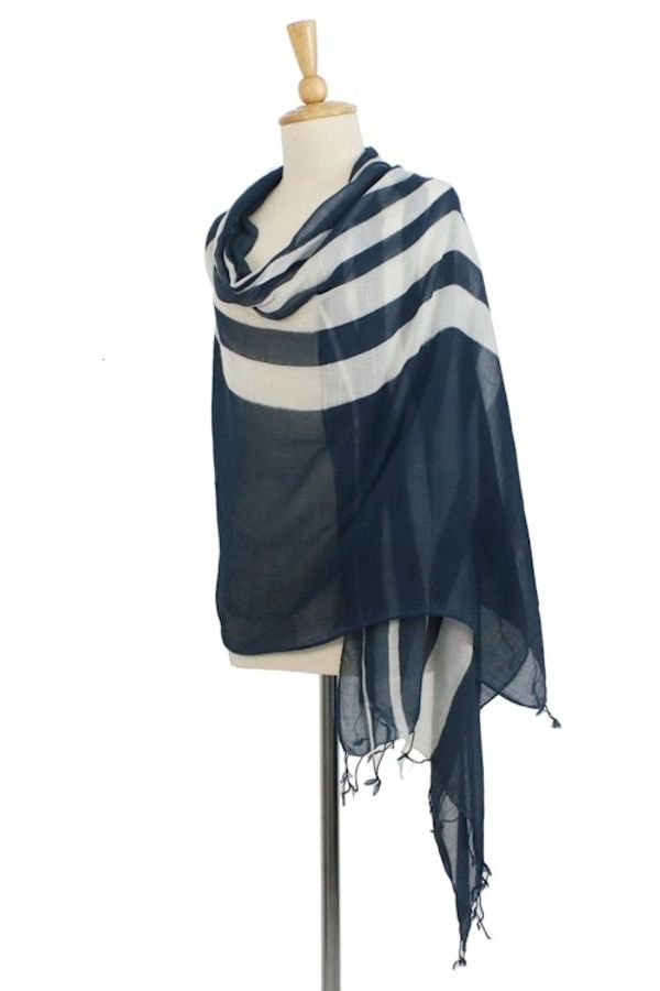 Alternate image for Handwoven Striped Cotton Shawl in Navy from Thailand Cool Stripes in Navy