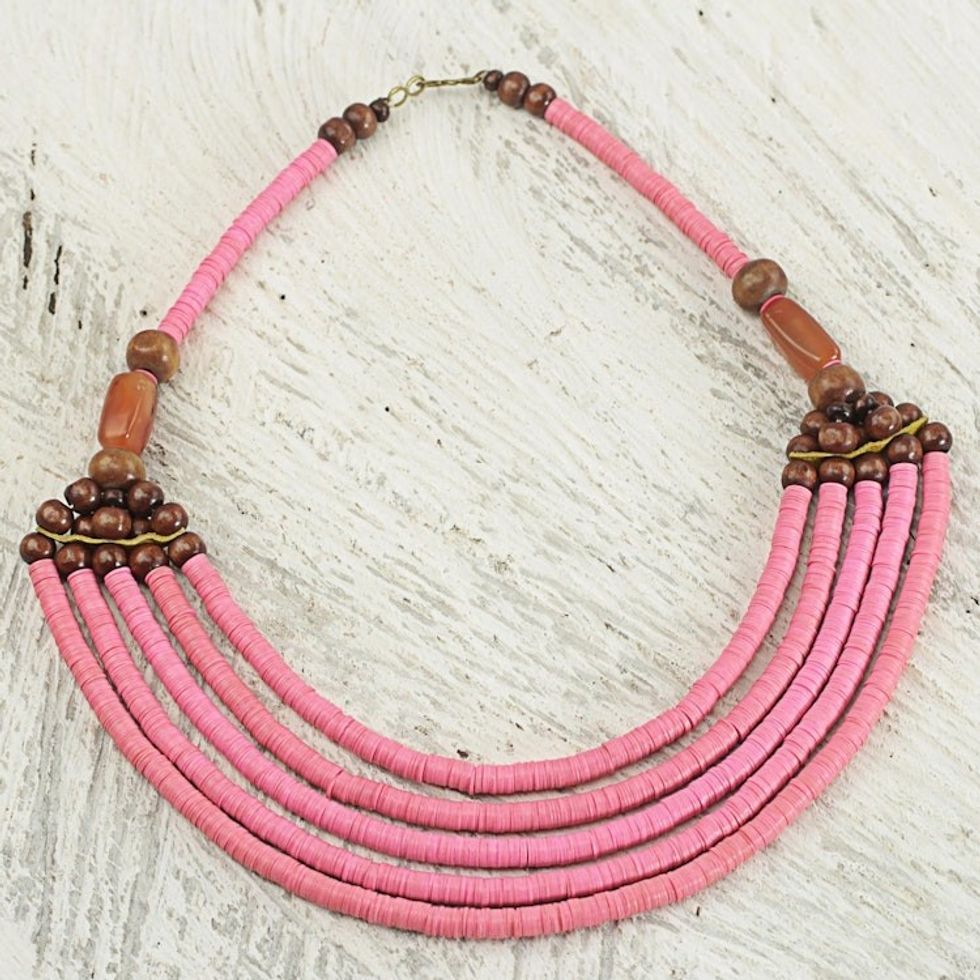 Artisan Pink Bead Necklace with Sese Wood Agate and Leather 'Wend Panga in Pink'