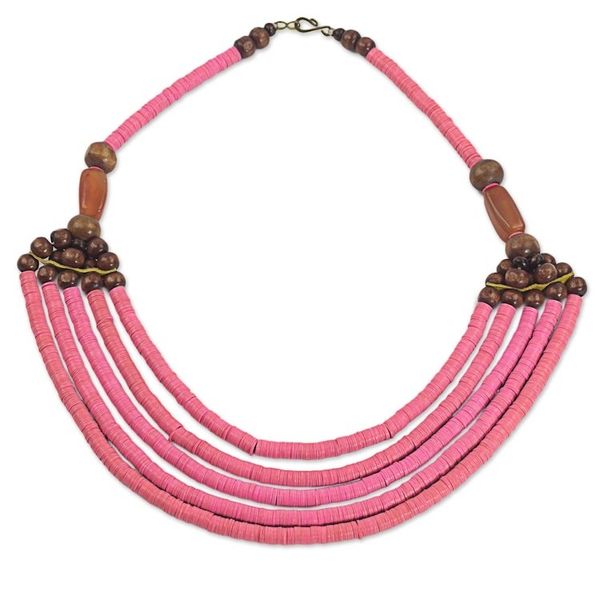 Alternate image for Artisan Pink Bead Necklace with Sese Wood Agate and Leather Wend Panga in Pink