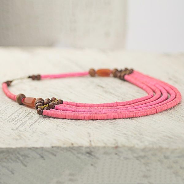 Alternate image for Artisan Pink Bead Necklace with Sese Wood Agate and Leather Wend Panga in Pink