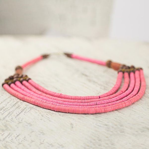 Alternate image for Artisan Pink Bead Necklace with Sese Wood Agate and Leather Wend Panga in Pink