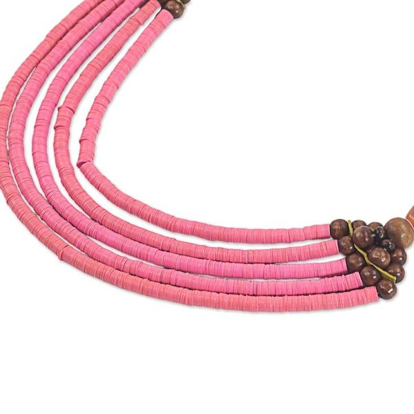 Alternate image for Artisan Pink Bead Necklace with Sese Wood Agate and Leather Wend Panga in Pink