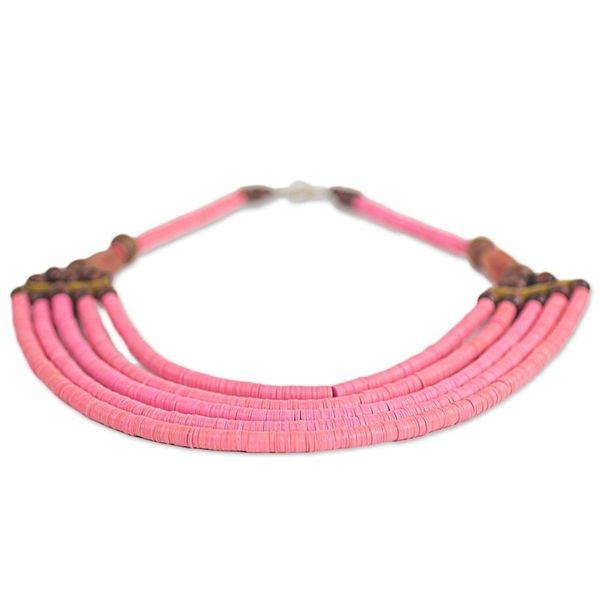 Alternate image for Artisan Pink Bead Necklace with Sese Wood Agate and Leather Wend Panga in Pink