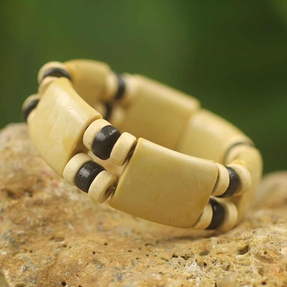 Handmade Wood and Recycled Bead Stretch Bracelet 'Cream Connection'