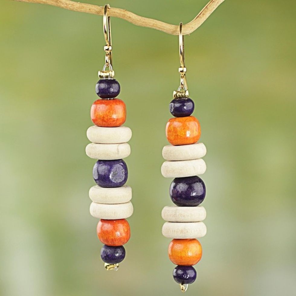 Purple and Orange Sese Wood Dangle Earrings 'Summer Rain'
