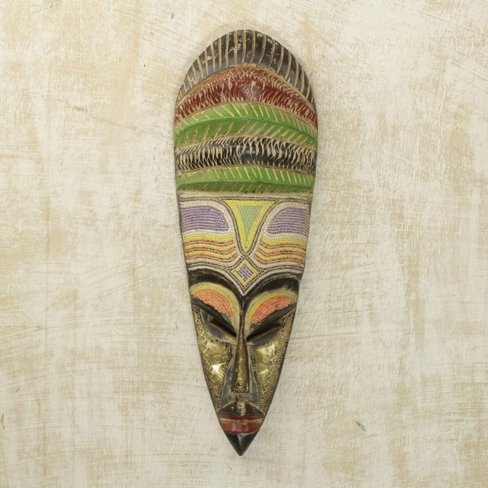 African Sese Wood Mask with Intricate Multicolor Beading 'Beaded Mother'