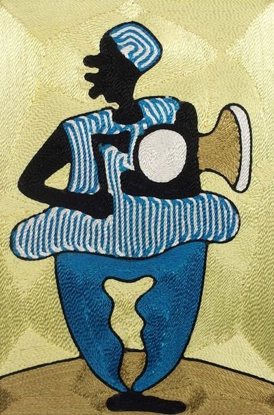 Alternate image for African Drummer Motif on Cotton Threadwork Wall Art Dondo Bofu
